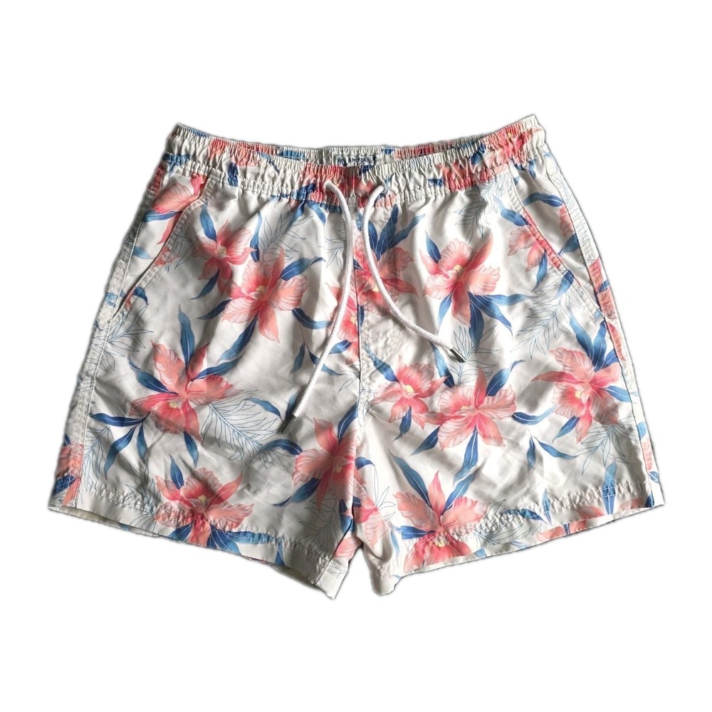 American Eagle Mens White Pink Floral Tropical Swim Trunks 5 Inch Inseam Small